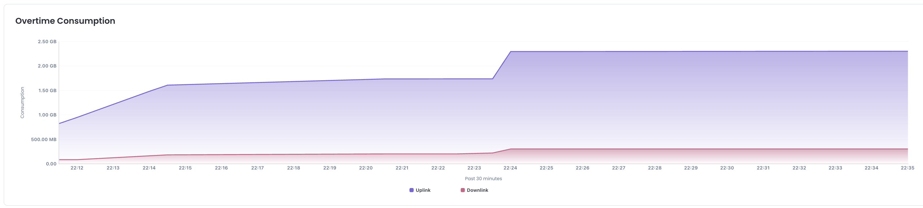 Graph showing overtime consumption of uplink and downlink over the past 30 minutes.